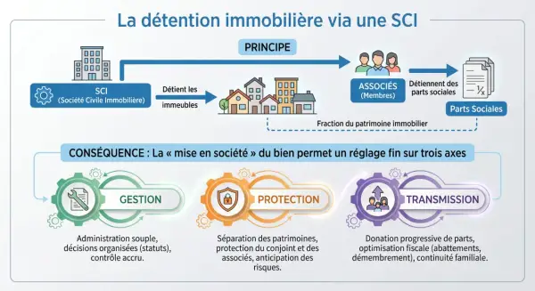 Schéma expliquant la détention immobilière via une SCI, illustrant le principe et les conséquences pour la gestion, la protection et la transmission, idéal pour une sci familiale.